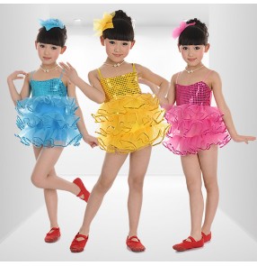 Yellow gold turquoise blue fuchsia hot pink sequins backless strap children girls competition performance school play latin modern dance jazz dancing dresses outfits